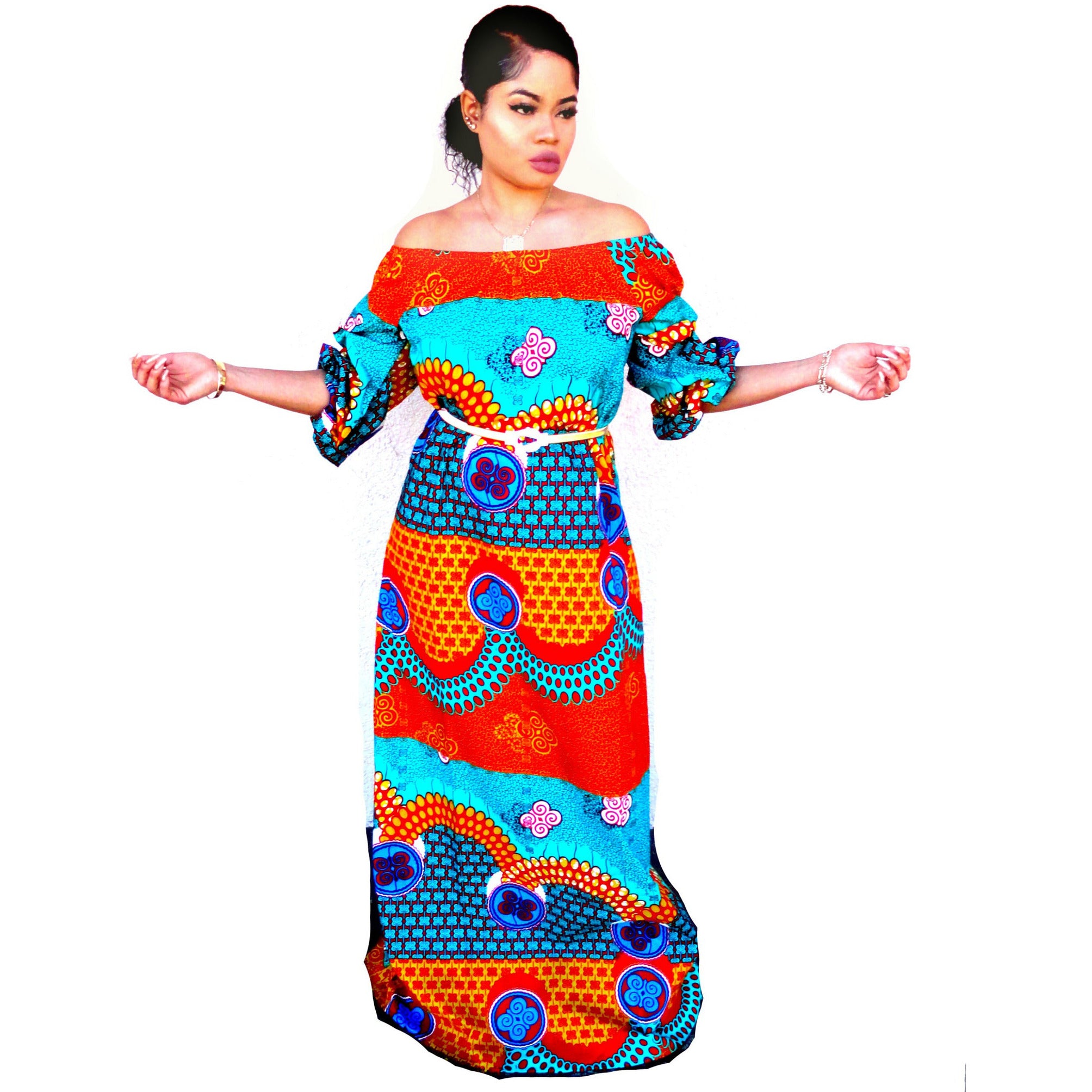 ZULU African Print Off Shoulder Balloon Maxi Dress - Zabba Designs African Clothing Store