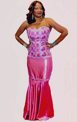 Mango Pink Lace And Satin Two Piece Long Dress - Zabba Designs African Clothing Store