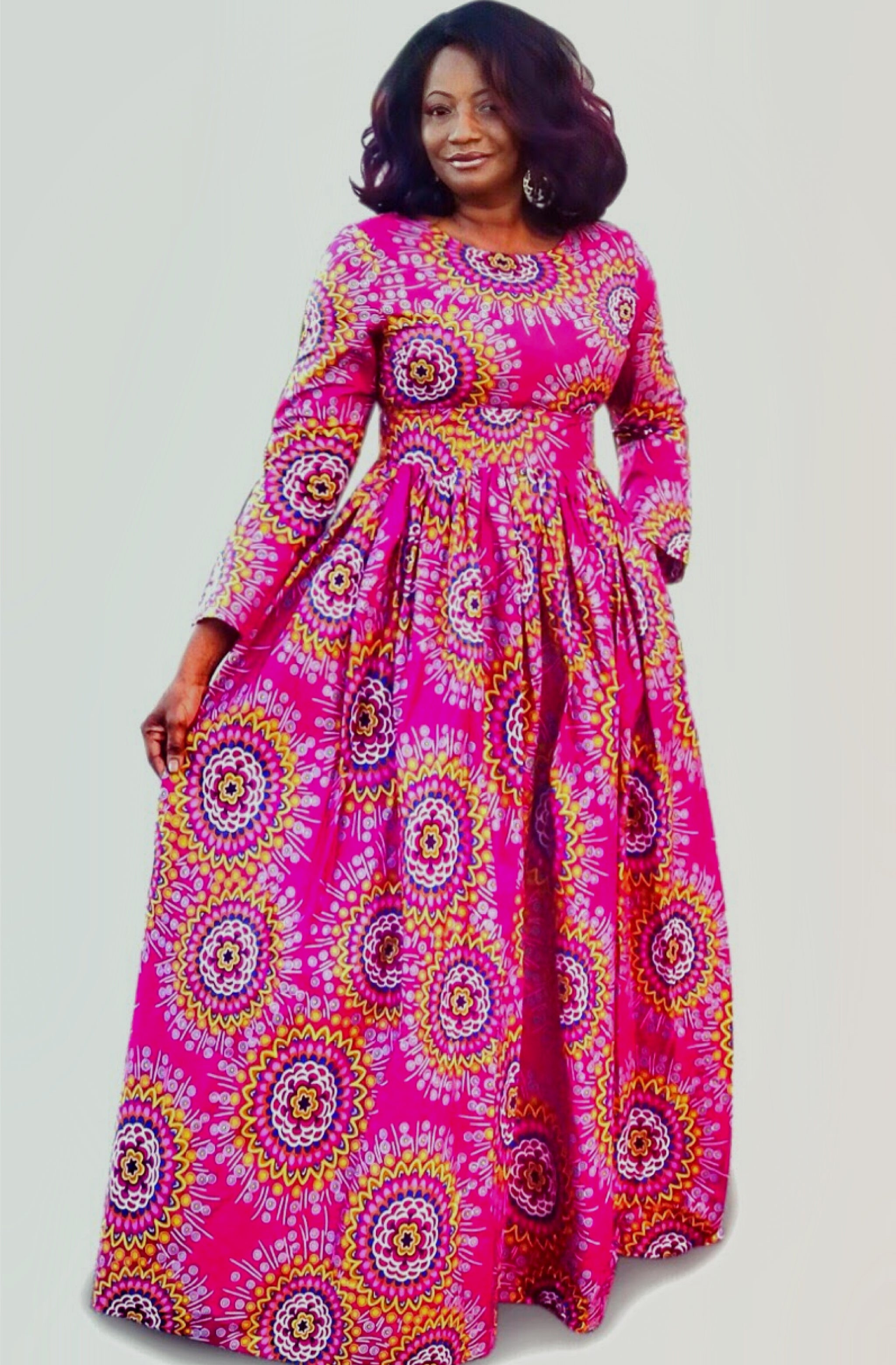 AKU African Print Long Sleeve Maxi Dress - Zabba Designs African Clothing Store