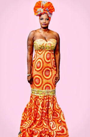 Strapless Orange And Gold Lace Long Dress - Zabba Designs African Clothing Store
