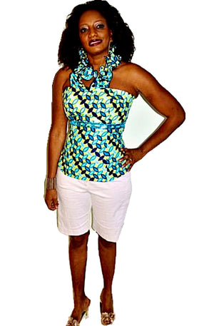 Weezie Blue Halter African Print Top - Zabba Designs African Clothing Store