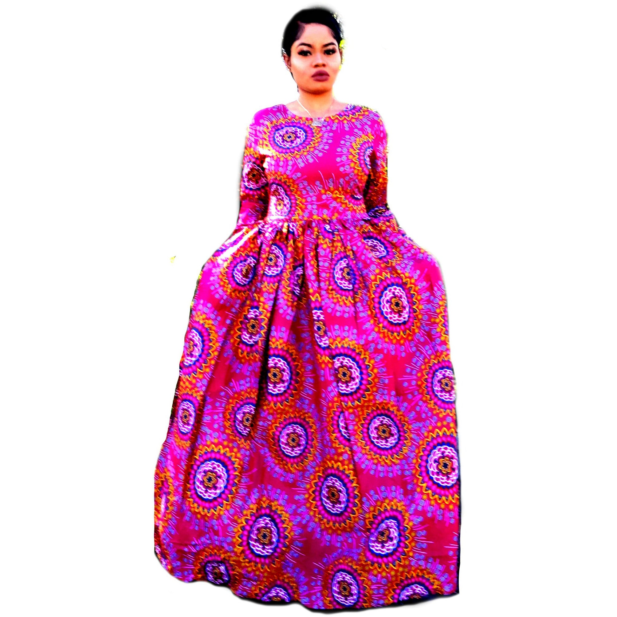 AKU African Print Long Sleeve Maxi Dress - Zabba Designs African Clothing Store