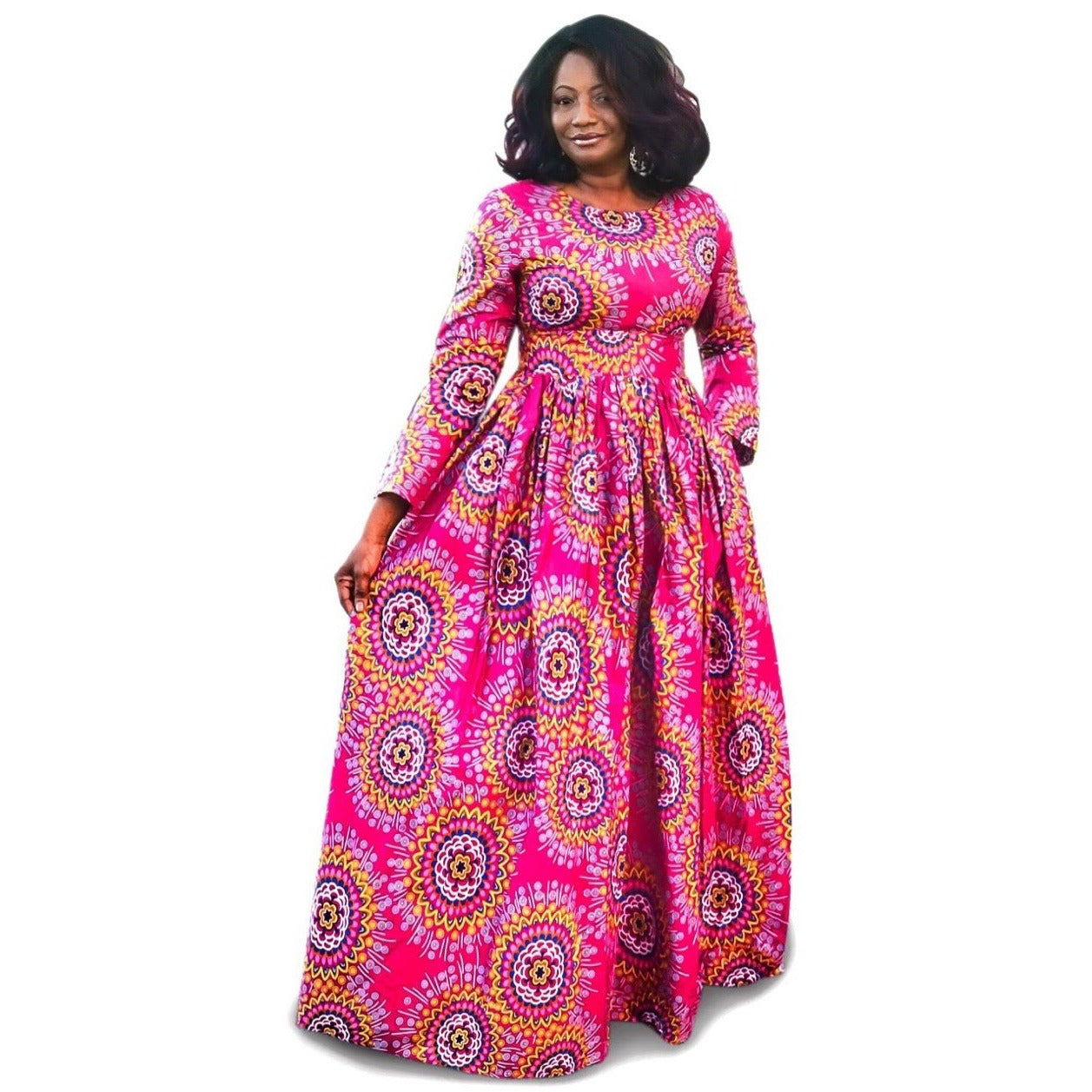 AKU African Print Long Sleeve Maxi Dress - Zabba Designs African Clothing Store