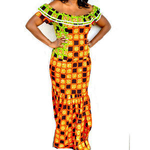 Green And Orange Ankara Ruffle Top With Long Skirt - Zabba Designs African Clothing Store