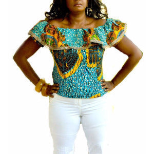 Blue Off Shoulder African print Top - Zabba Designs African Clothing Store