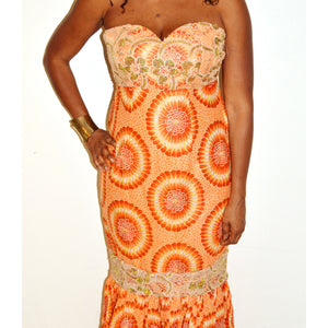 Strapless Orange And Gold Lace Long Dress - Zabba Designs African Clothing Store
