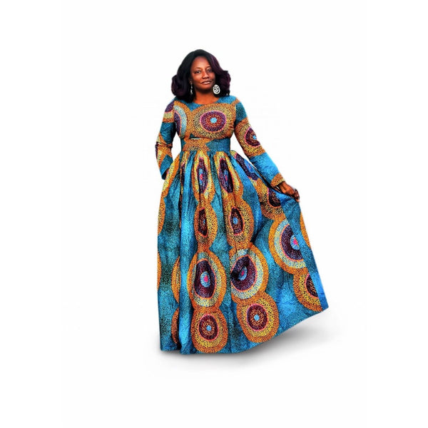 JUJU African Print Long Sleeve Maxi Dress