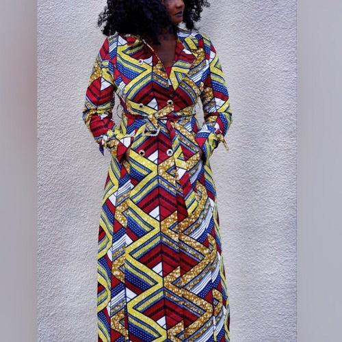 Emeka  Double-Breasted Belted African Print Trench Coat - Zabba Designs African Clothing Store