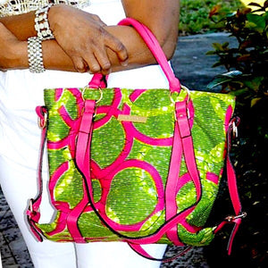Elegant African Print Fashion Handbag With Leather Straps Green - Zabba Designs African Clothing Store