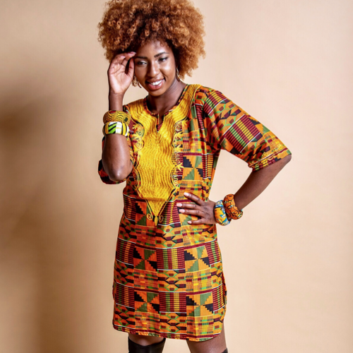 kente shirt dress Vibrant Kente Print T-Shirt Dress: African Style Polyester Fabric
