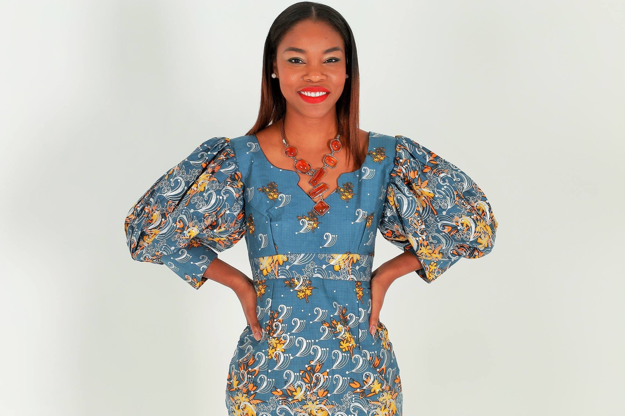 Yolo African Dress With Gray And Silver Print - Zabba Designs African Clothing Store