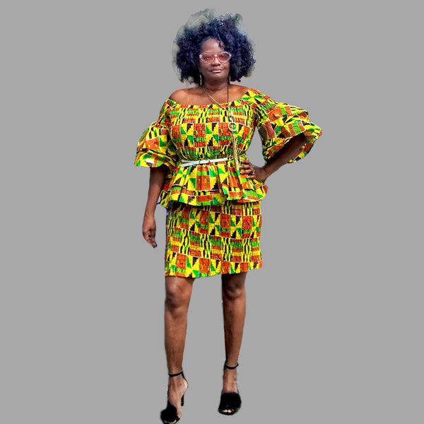 Alabi Women's African Print Short Sleeve Tunic Tops and Long Pants Set
