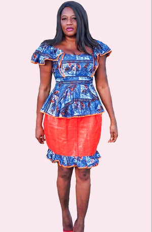 Tutu African Print Blue And Orange Skirt Suit - Zabba Designs African Clothing Store