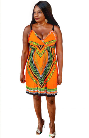 Knee Length Orange Sleeveless Spaghetti Strap Dress - Zabba Designs African Clothing Store