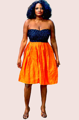 Sunny African Strapless Black Lace And Orange Linen Dress - Zabba Designs African Clothing Store