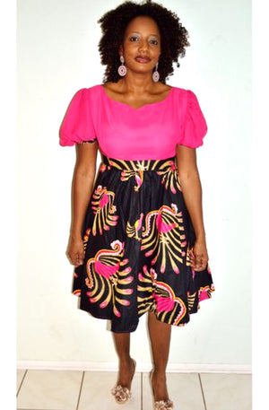 Dakar Pink and Ankara Print Midi Dress - Zabba Designs African Clothing Store