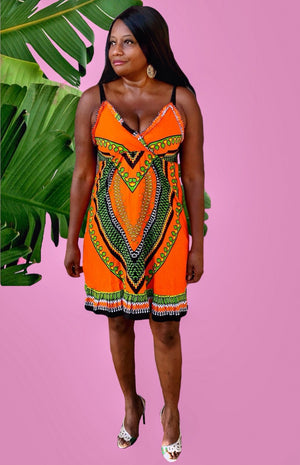 Knee Length Orange Sleeveless Spaghetti Strap Dress - Zabba Designs African Clothing Store