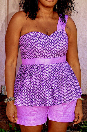 African Print One Shoulder Purple and Lilac Short Set - Zabba Designs African Clothing Store