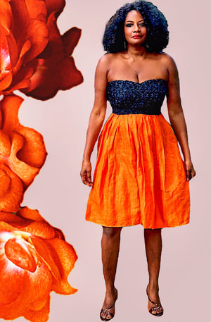 Sunny African Strapless Black Lace And Orange Linen Dress - Zabba Designs African Clothing Store