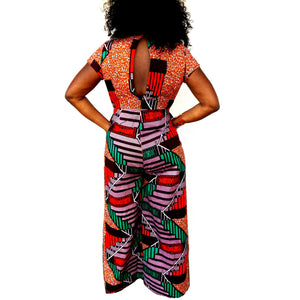 GLOW African Print Deep Neckline Wide-Leg Jumpsuit - Zabba Designs African Clothing Store