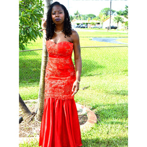 FIERY RED STRAPLESS LACE EVENING GOWN - Zabba Designs African Clothing Store