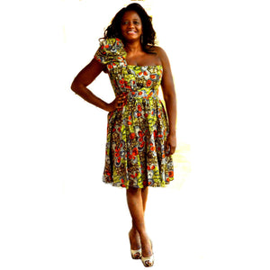 African Print One Shoulder Green Dress - Zabba Designs African Clothing Store