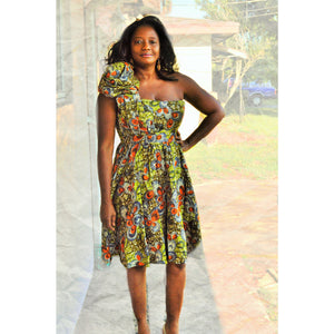 African Print One Shoulder Green Dress - Zabba Designs African Clothing Store