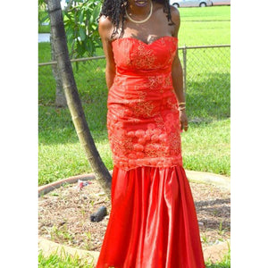 FIERY RED STRAPLESS LACE EVENING GOWN - Zabba Designs African Clothing Store