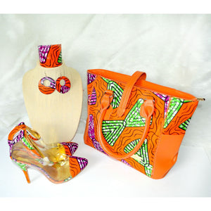 FARAJI Orange African Print Peep Toe Shoes And Bag Set - Zabba Designs African Clothing Store