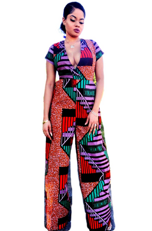 GLOW African Print Deep Neckline Wide-Leg Jumpsuit - Zabba Designs African Clothing Store