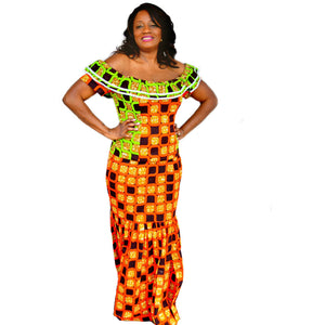 Green And Orange Ankara Ruffle Top With Long Skirt - Zabba Designs African Clothing Store