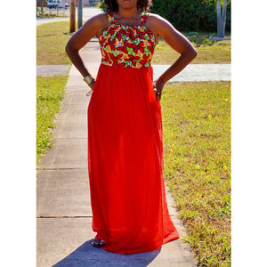 Red Ankara and Chiffon Dress - Zabba Designs African Clothing Store