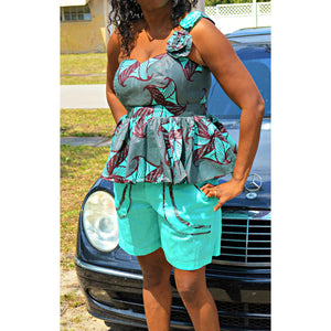 Ghazi Sage And Black African Inspired One Shoulder Shorts Set - Zabba Designs African Clothing Store