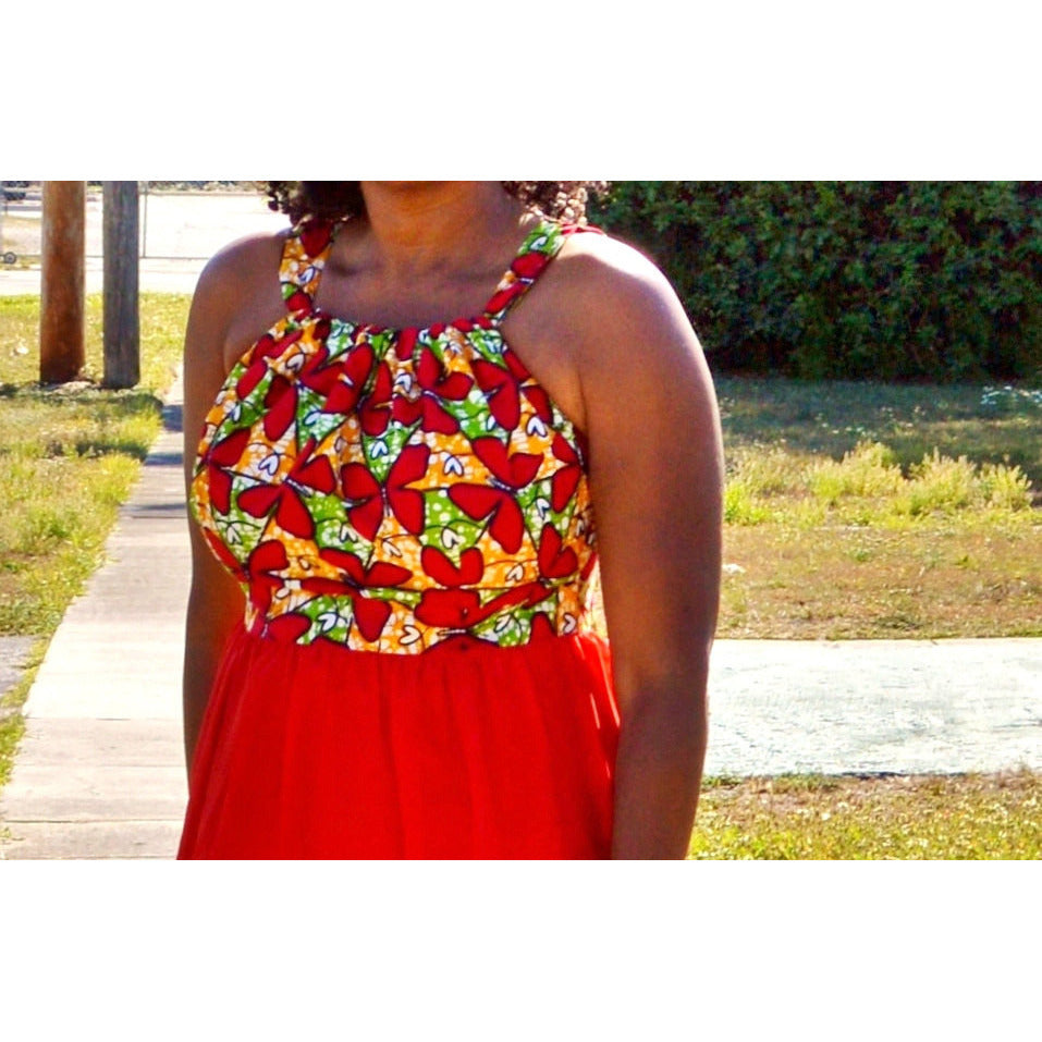 Red Ankara and Chiffon Dress