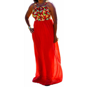 Red Ankara and Chiffon Dress - Zabba Designs African Clothing Store