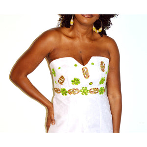Strapless White Linen African print Dress - Zabba Designs African Clothing Store