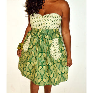 Beige And Green  Lace AFrican Print Strapless  Dress - Zabba Designs African Clothing Store