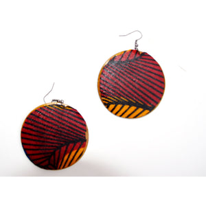 Red Round Wood African Fabric Earrings - Zabba Designs African Clothing Store