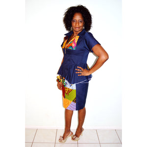 African Print And Blue Wooden Two Piece Dress - Zabba Designs African Clothing Store