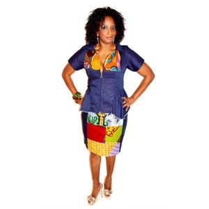 African Print And Blue Wooden Two Piece Dress - Zabba Designs African Clothing Store