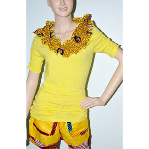 Yellow Ankara Trim Short Sleeve Ankara Accent T-Shirt - Zabba Designs African Clothing Store