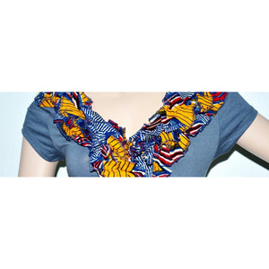 Women Gray Short Sleeve Ankara Accent T--Shirt - Zabba Designs African Clothing Store