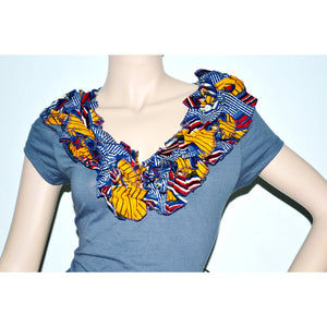 Women Gray Short Sleeve Ankara Accent T--Shirt - Zabba Designs African Clothing Store