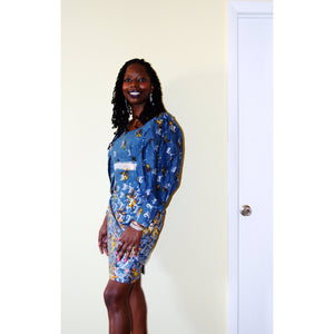 Blue And Silver African Fabric Short Dress With Boho Sleeve - Zabba Designs African Clothing Store