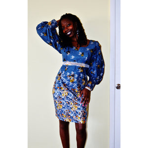 Blue And Silver African Fabric Short Dress With Boho Sleeve - Zabba Designs African Clothing Store