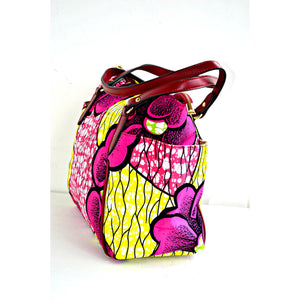 Large African Print Tote Pink And Yellow Print With leather Straps - Zabba Designs African Clothing Store