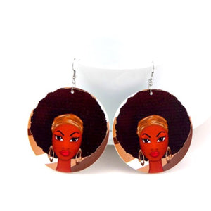 Afro Girl African Wood Earrings - Zabba Designs African Clothing Store