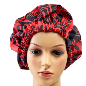 Red African Print Silk Hair Bonnet - Zabba Designs African Clothing Store