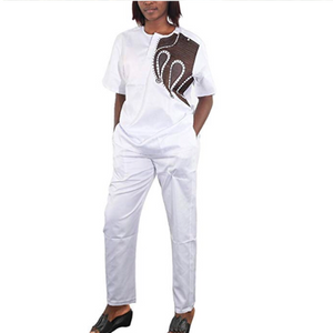 Alabi Women's African Print Short Sleeve Tunic Tops and Long Pants Set - Zabba Designs African Clothing Store