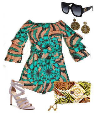 Black Iris African Ankara Print Off Shoulder Romper - Zabba Designs African Clothing Store